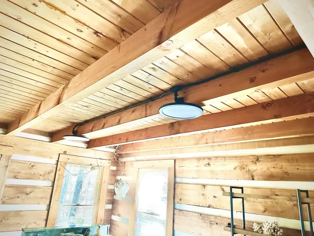 Residential cabin light fixtures and ceiling fan install - Work completed by Mills Electric Co.